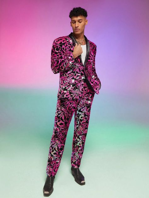 Multicolor Party Collar   All Over Print,Textured Pattern  Embellished Slight Stretch  Men Clothing Glitter Suit, Drag Fashion, Mardi Gras Outfits, Christmas Fits, Look Festival, Dress Men, Glam Photoshoot, Glamour Dress, Men Formal