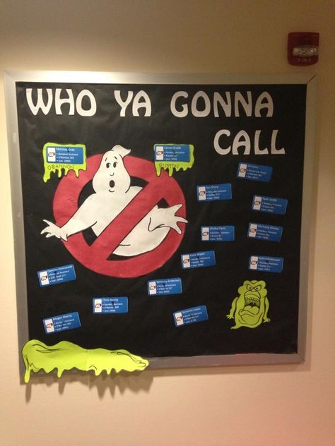 Door dec we just did for Obannon with @Whitney Anderson Halloween High School Bulletin Boards, Fall Bulletin Boards For High School, Ra October Bulletin Boards, Dorm Bulletin Boards, School Campaign Posters, Res Life Bulletin Boards, Resident Assistant Bulletin Boards, Ghostbusters Theme, October Bulletin Boards