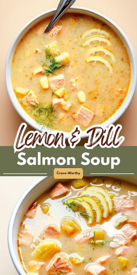 This salmon soup recipe is a comforting and satisfying dish that offers a rich, creamy texture, delicate salmon and fresh herbs flavors, and nourishing ingredients. #salmon #salmonrecipes #souprecipes #soup #healthyrecipes Salmon Stew Recipe, Crockpot Salmon, Lemon Dill Salmon, Perfect Salmon, Soup With Lemon, Salmon Soup, Dill Salmon, Lemon Salmon, Seafood Soup