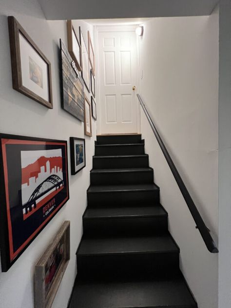 Staircase Makeover Basement, Staircase Building, Dingy Basement, Stairs Black, Basement Staircase, Stair Walls, Basement Decoration, Basement Painting, Easy Diy Home Projects