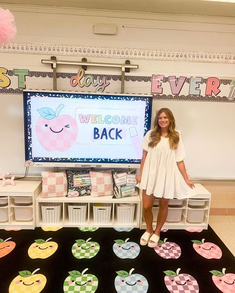 We are obsessed with how cute this classroom turned out! Cheers to an amazing school year Alexa! ❤️ Click the 🔗 in our profile to shop the Saved By The Pastel collection! #classroomdecor #classroominspiration #classroomtheme #classroomideas #pastelclassroom #newclassroom #teachersfollowteachers #teachertribe #teacherdecor Mobile Classroom Ideas, Under Smartboard Storage, Kindergarten Aesthetic Classroom, Classroom Carpet Spots, Must Have Classroom Supplies, Cute 1st Grade Classrooms, Diy Teacher Classroom Decor, Kindergarten Classroom Rug, Colorful Daycare Classroom