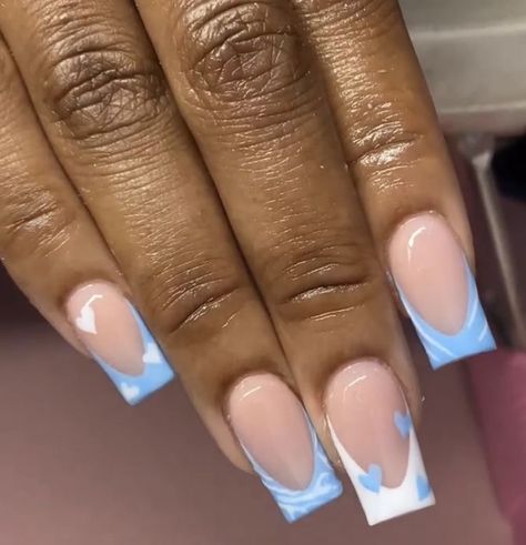 Nails Blue And White French, Blue Tip Nails French Manicures, Blue And White Nails Short, Blue And White French Tip Nails, Short Blue Acrylic Nails, Blue Acrylic Nails, Colored Acrylic Nails, Work Nails, French Tip Acrylic Nails