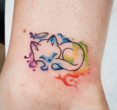 Cute Tattoos With Color, Cat Angel Tattoo, Watercolor Cat Tattoo, Kitty Tattoos, Pawprint Tattoo, Cat Tat, Tasteful Tattoos, Cat Tattoos, Cat Tattoo Designs