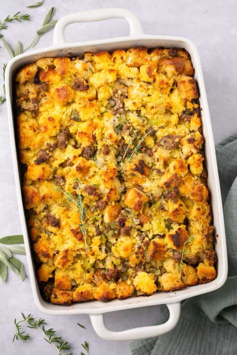 Cornbread Sausage Stuffing - Erin Lives Whole Cranberry Apple Stuffing, Cornbread Sausage Stuffing, Mashed Sweet Potatoes Healthy, Erin Lives Whole, Apple Stuffing, Cornbread Stuffing Recipes, Sausage Cornbread Stuffing, Sweet Potato Fritters, Cornbread Stuffing