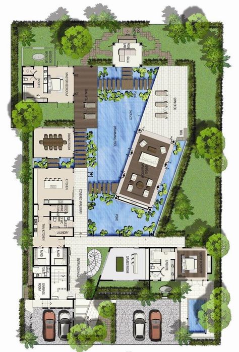 Resort Plan, Bloxburg Houses, Small Villa, House Plans With Photos, Island Villa, Plans Architecture, Courtyard House Plans, Modern Villa Design, Villa Plan