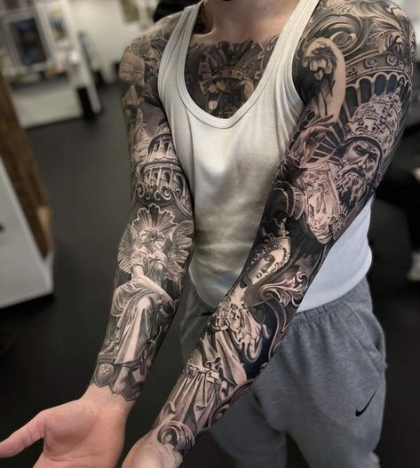 Mangas Tattoo, Statue Tattoo, Men Tattoos Arm Sleeve, Greek Mythology Tattoos, Full Arm Tattoos, Cool Chest Tattoos, Chest Piece Tattoos, Full Body Tattoo, Mythology Tattoos