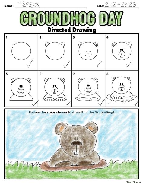 Kindergarten Groundhog Day, Groundhog Activities, Preschool Groundhog, Drawing Worksheet, Groundhog Day Activities, Drawing Activity, First Grade Art, Happy Groundhog Day, Month Of February