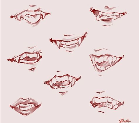 Character Mouth Reference, Mouth Expressions Reference Drawing, Vampire Drawing Refrences, Flirty Smile Reference, Evil Hairstyles Drawing, Open Mouth Anime Reference, Vampires Drawing Reference, Stitched Up Mouth Drawing, Smirk Drawing Reference Mouth