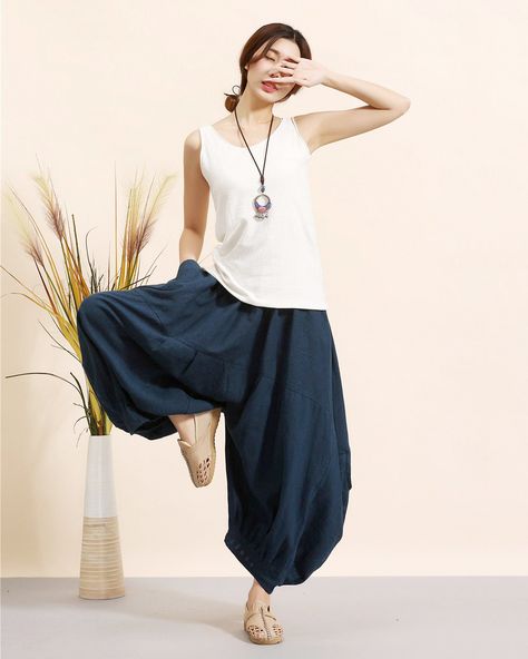 harem pants Herum Pants, Pantaloon Pants, Indigo Dress, Linen Harem Pants, Flare Jumpsuit, Bell Bottom, Hip Length, Bell Bottoms, Cotton Linen