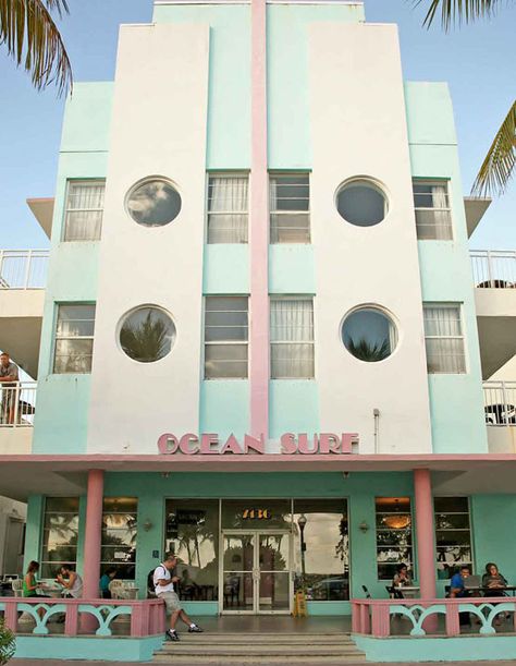 Miami Architecture, Beach Art Deco, Beach Architecture, Miami Art Deco, Tropical Art Deco, Miami Hotels, Hotel Exterior, Streamline Moderne, Ocean Surf