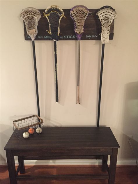 Lacrosse stick storage. Lacrosse Stick Storage, Lacrosse Bedroom Ideas, Vintage Sports Bedroom, Lacrosse Bedroom, Lacrosse Decorations, Lacrosse Room, Lacrosse Jersey, Stick Storage