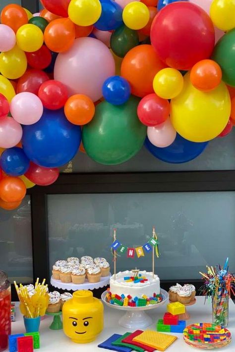 Don't miss this awesome Lego-themed birthday party! The dessert table is so cool! See more party ideas and share yours at CatchMyParty.com #catchmyparty #partyideas #legos #legoparty #boybirthdayparty Colorful Balloon Arch, Lego Birthday Party Ideas, Lego Party Decorations, Deco Lego, Lego Themed Party, Lego Birthday Cake, Lego 4, Ninjago Party, Lego Cake