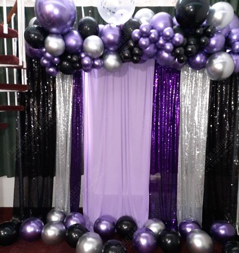 Balloons Birthday Purple Black And Silver Backdrop, Lavender And Black Party Decorations, Purple Silver Black Party, Black And Purple Backdrop, Purple Black And Silver Birthday Party, Blue Purple Black Party Decor, Black And Purple Sweet 16 Decorations, Purple And Black Themed Birthday Party, Wednesday Themed Birthday Party Decorations