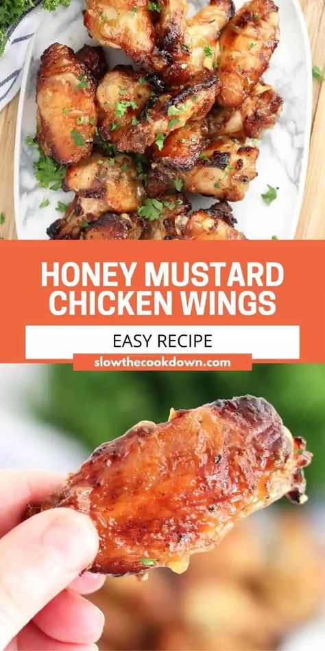 Perfectly sweet and tangy, these oven baked honey and mustard chicken wings are the perfect appetizer for game day. Glazed in a dijon mustard and honey sauce, they are super simple to make and ready to serve in less than an hour. Honey Mustard Wings, Honey Mustard Chicken Wings, Dijon Mustard Chicken, Baked Honey Mustard Chicken, Oven Chicken Wings, Honey Wings, Honey Dijon Chicken, Perfect Grilled Chicken, Roasted Chicken Wings