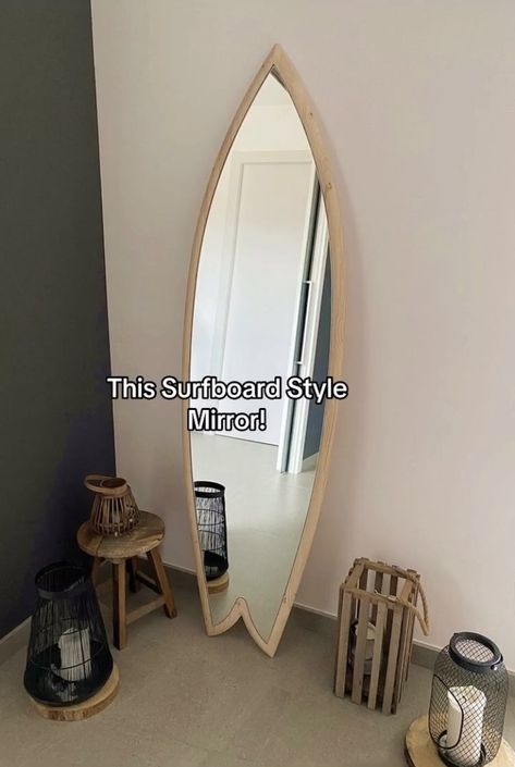 Mirror Surf Board, Surfboard Shaped Mirror, Beach Aesthetic Bedrooms, Surf Board Mirror, Mirror Surfboard, Beach Aesthetic Room Ideas, Surfboard Mirror, Surf Board Decor, Beach Inspired Bedroom