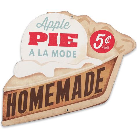 PRICES MAY VARY. Open Road Brands official product: You can almost feel the comfort and warmth coming from this stunningly retro wall decor! Designed to look like an old-fashioned restaurant sign, this piece is sure to add nostalgia to your home. Fun Vintage Sign: Boasting a die-cut slice of pie topped with ice cream, along with the words, "Apple Pie A La Mode," "Homemade," and "5," this wall decor is as classic as they come. Material: This classic decor is made of lightweight, die-cut tin, maki Pie Sign, Pie Store, Pie A La Mode, Diner Sign, Homemade Apple Pie, Tin Wall Decor, Vintage Diner, Pie Shop, Retro Diner