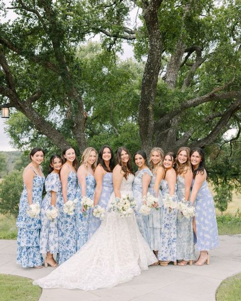 Bridgerton Themed Bridesmaid Dresses, All Blue Wedding Guests, Bridesmaid Floral Dress Mismatched, Mix Match Blue Bridesmaid Dresses, Bridgerton Bridesmaid Dresses, Light Blue Bridesmaid Dresses Mismatched, Blue And White Bridesmaids, Blue And White Bridesmaid Dresses, Maid Of Honor Dress Different