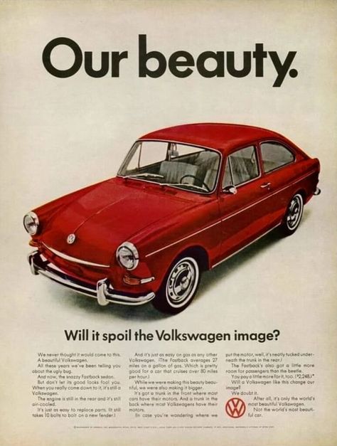 Classic VW Fastback Vintage Advertisement with red VW Fastback. Old Volkswagen, Volkswagen Fastback, Car Print Ads, Volkswagen Type 3, Vw Type 3, Vw Sedan, Volkswagen Karmann Ghia, Sedan Cars, Combi Vw