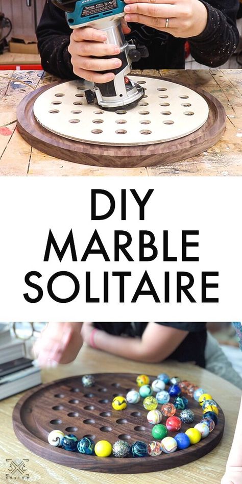 DIY Marble Solitaire Game Diy Marble Game Board, Marble Games Diy, Wood Marble Game, Marble Games Board, Wood Games To Make, Wood Board Game, Wood Games Diy, Wooden Games Diy, Woodworking Games