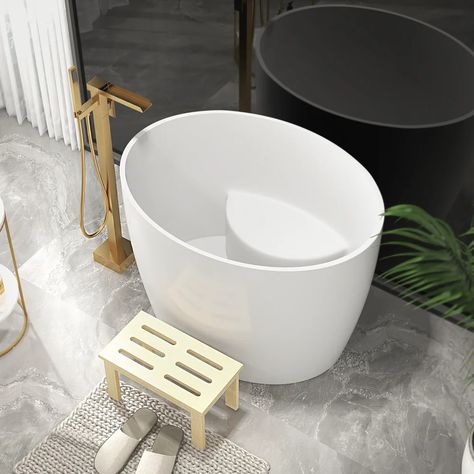 39.37" Modern Deep Oval Freestanding Matte White Stone Resin Soaking Bathtub Small Soaking Tub, Bathroom Exterior, Updated Bathroom, Japanese Soaking Tubs, Small Bathtub, Stemware Storage, Loveseat Living Room, Small Tub, Wall Frame Set