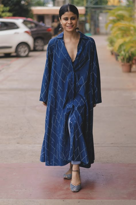 Indigo Kurti Designs, Indigo Kurta, Blazer Outfits For Women, Indian Kurta, Silk Saree Blouse Designs, Cotton Kurti Designs, A Line Kurta, Trendy Dress Outfits, Kurta Designs Women