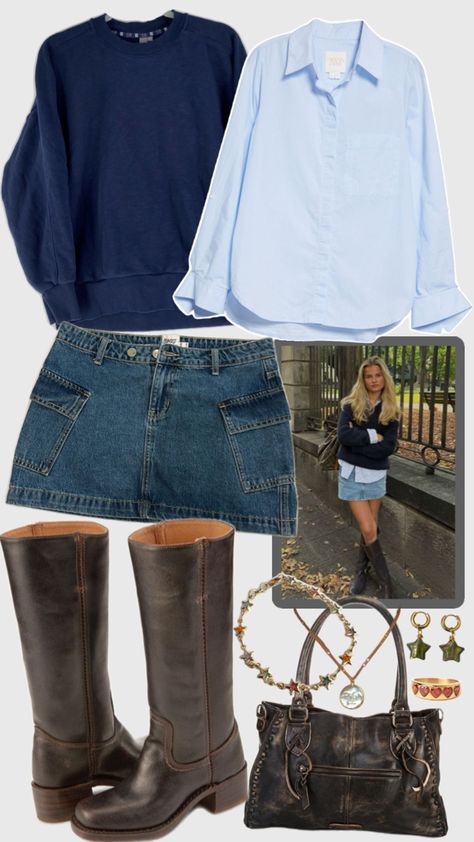 fall outfit inspo with denim skirt, crewneck sweater, button down, leather boots and bag, and gold jewelry Denim Skirt Thanksgiving Outfit, Jeans Skirt Fall Outfits, Jean Skirt Boots Outfit, Sweater With Denim Skirt, Fall Outfit Denim Skirt, Denim Skirt And Tights Outfit, Jean Skirt Sweater Outfit, Dark Denim Mini Skirt Outfit, Denim Skirt Outfits Fall