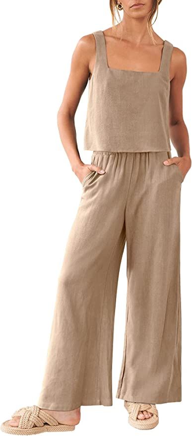 2 Piece Outfit Set Summer, Linen Pants Pattern, Summer Matching Sets, Matching Lounge Set, Long Pant Jumpsuit, Tank Crop Top, Clothing Staples, Linen Tank, Europe Fashion