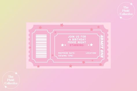 ThePinkiCollective - Etsy Jersey Cinema Party Invitations, Movie Night Party Invitations, Movie Ticket Birthday Invitations, Movie Night Tickets, Movie Ticket Invitations, Ticket Party Invitations, Birthday Movie Night, Pink Tickets, Cinema Party