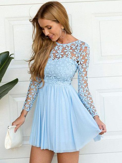 2019 A-Line Scoop Chiffon Blue Short Homecoming Dresses Home Coming Dresses, Cute Dresses For Party, Cheap Homecoming Dresses, Dresses 2022, Lace Party Dresses, Trendy Wedding Dresses, Mini Robes, Pattern Sewing, Party Dress Short