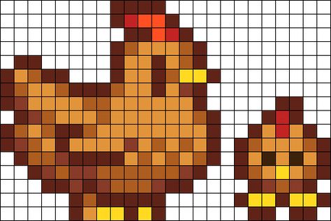 Peeler Bead Chicken, Brown Perler Bead Patterns, Stardew Valley Chicken Cross Stitch, Stardew Valley Chicken Pixel Art, Perler Stardew Valley, Stardew Valley Chickens, Alpha Patterns Stardew Valley, Stardew Valley Grid Pattern, Chicken Perler Bead Patterns