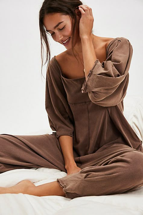 Step up your loungewear with this so stunning and comfy pleated jumpsuit featured in a soft style with a square neckline and volume half sleeves. * V-back * Slouchy silhouette * Cinched ankles * Reversible design | Lotta Love Romper by Intimately at Free People in Tan, Size: S Fall Romper Outfit, Elevated Loungewear, Lounge Sets For Women, Free People Jumpsuit, Pleated Jumpsuit, Cute Lingerie, Romper Outfit, Free People Intimates, 2024 Fashion