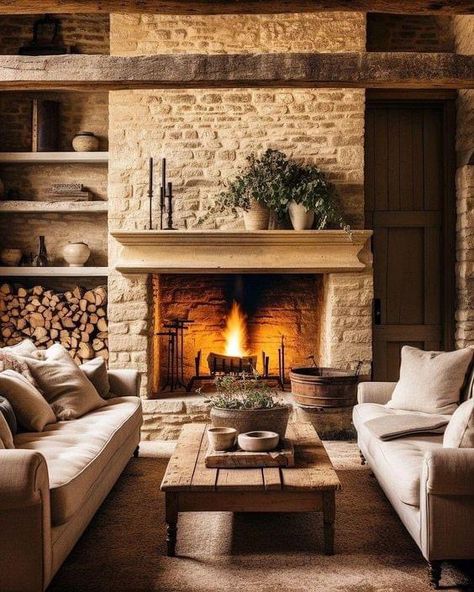 Rustic Scandinavian Living Room, Living Room Scandinavian, Stone Cottage, Home Fireplace, Farmhouse Interior, Rustic Living, Dream House Interior, Rustic Living Room, Stone Houses