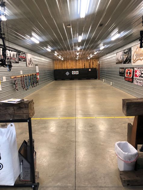 Check out our indoor archery range! Indoor Bow Shooting Range, Indoor Bow Range, Archery Range Indoor, Archery Shop Ideas, Home Armory Ideas, Archery Set Up, Indoor Archery Range Home, Home Archery Shop, At Home Archery Range