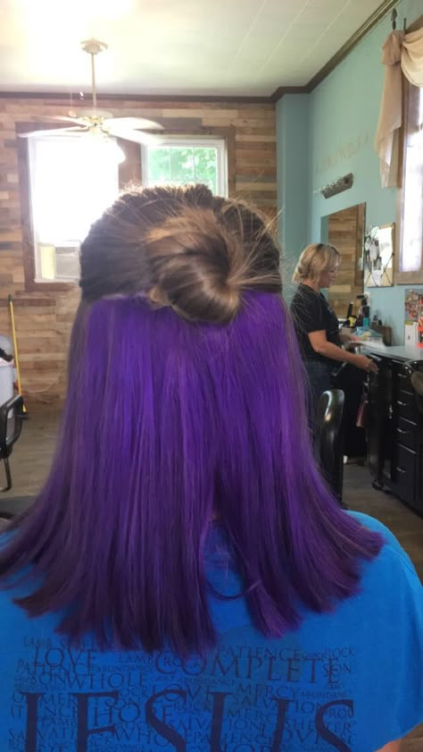 Bottom half purple hair Purple Underneath Hair, Half Colored Hair, Under Hair Dye, Under Hair Color, Hair Dyed Underneath, Hidden Hair Color, Half Dyed Hair, Hair Color Ideas Underneath, Dyed Hair Purple