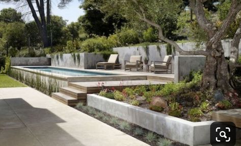 Semi Above Ground Plunge Pool, Hillside Pool, Backyard Pool Design, Moderne Pools, Pool Design Ideas, Best Above Ground Pool, Sloped Backyard, Pool Landscape Design, Modern Landscape Design