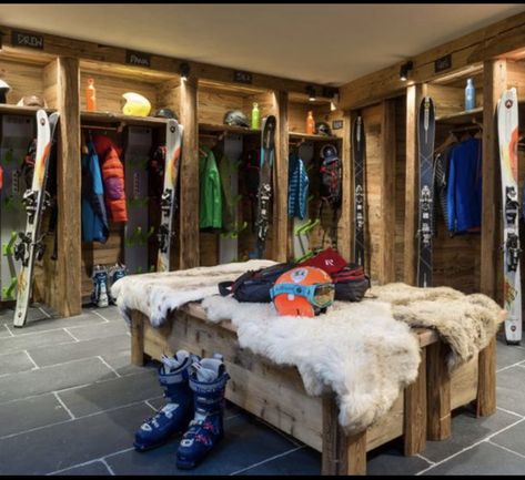 Ski Mudroom, Ski Mud Room, Gear Room Ideas, Skiing In The Alps, Farming Village, Ski Cottage, Ski House Decor, Ski Locker, Gear Room