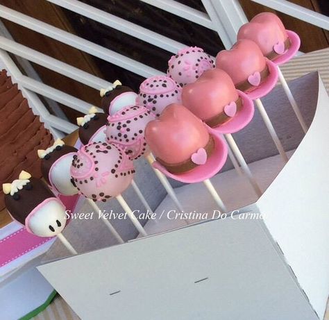 Pink cowgirl birthday cake pops! Horses, pink cowgirl hats and pink paisleys. Made by @sweetvelvetcake #PinkCowgirlBirthdayParty #Cowgirl Pink Cowgirl Cake Pops, Disco Cowgirl Cake Pops, Cowgirl Cakepops, Rodeo Cake Pops, Cowgirl Desserts, Cowgirl Cake Pops, Western Cake Pops, Pink Cowgirl Cake, Girl Horse Birthday Party