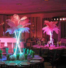 glo sticks and feathers Miami Vice Party, Miami Vice Theme, Candy Theme Birthday Party, Miami Party, Prom Themes, Miami Night, Feather Centerpieces, Disco Theme, Carnival Themed Party