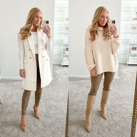 Faux Suede Boots Outfits, Suede Leggings Outfit Winter, Tan Suede Leggings Outfit, Beige Long Boots Outfit, Beige Leggings Outfit Winter, Faux Suede Leggings Outfit, Khaki Boots Outfit, Beige Suede Boots Outfit, Outfits With Leggings Winter