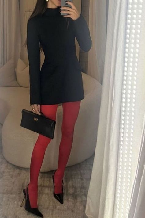 Black Mini Dress + Red Tights + Classic Heels Heels With Tights Outfit, Dresses With Tights And Heels, Black Mini Dress With Tights And Heels, What To Wear With Black Tights, Glittery Tights Outfit, Black Dress With Red Tights, Sequin Tights Outfit, Mini Dress Tights Outfit, Office Christmas Party Dress