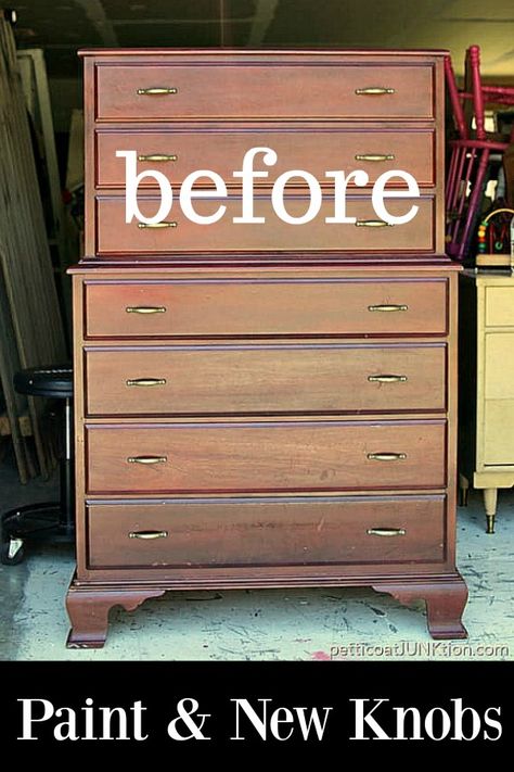 We filled one screw hole from the original drawer pulls and bought fancy new knobs for the makeover. Pretty paint made this piece a stunner. #paint #furniture #newknobs #furnituremakeover Dipped Painted Furniture, Drawer Handles Ideas Bedrooms, Dresser Pull Ideas, Chest Of Drawers Upcycle Ideas, Dresser Handles Ideas Hardware, Dresser Pulls And Knobs, Furniture Hardware Makeover, Refinished Chest Of Drawers, How To Refinish A Dresser