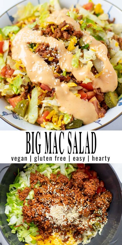 Big Mac Salad is a family favorite made with vegan ground beef crumbles, tomatoes, lettuce and pickles. All covered in a great big mac sauce. Everything what is wonderful about your favorite fast food dish, but with less carbs and calories. #vegan #dairyfree #dinner #vegetarian #lunch #contentednesscooking #bigmacsalad #bigmacsauce Vegan Crumbles Ground Beef Recipes, Vegan Big Mac, Bic Mac, Big Mac Salat, Mac Salad Recipe, Vegan Ground Beef, Big Mac Salad, Mac Sauce, Dinner Vegetarian