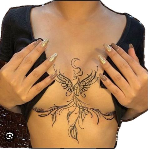 Chest Sternum Tattoo Female, Chest Tatoos Woman, Underboob Tattoos For Women Unique, Pretty Sternum Tattoo, Tigh Tattoo Woman, Tattoos For Women Underboob, Simple Chest Tattoos Female, Tattoo Ideas Female Sternum, Underboob Sternum Tattoo