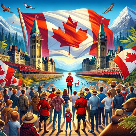 "Ode to the North: Canada's Heartbeat" is a digital tapestry that embodies the vibrant soul of Canada. This artwork is a visual symphony that sings 'Oh Canada' through its bold and spirited composition. It features a diverse group of Canadians, united by patriotism, with hands over hearts, gazing towards the glorious Canadian flag. The backdrop is a mosaic of Canada's most cherished symbols: the stately Parliament Buildings, an intense hockey match, the iconic Mounties, and the pristine wilderne Canadian Flag Art, Canada Culture, Canadian Mountie, Canada Decor, Beard Logo, Canadian Things, Canada Pictures, Canadian Culture, Oh Canada