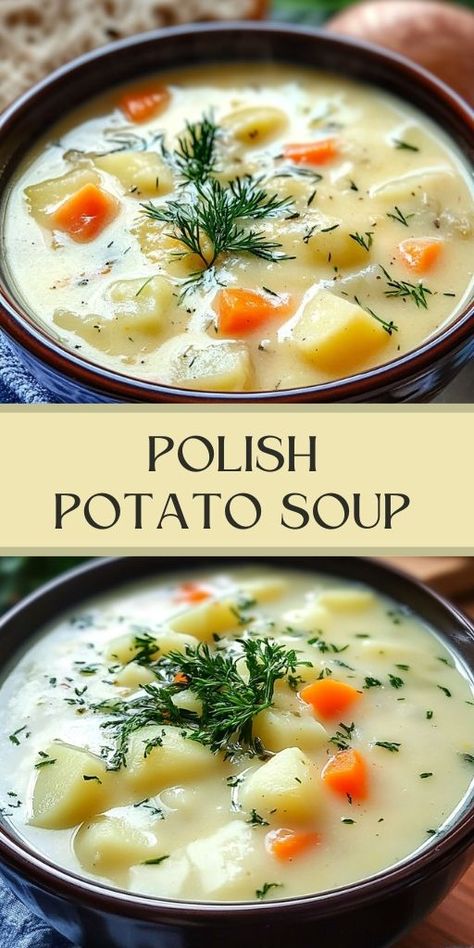 Potato Soup is a rich and hearty soup perfect for cold days! 🥔🍲 Creamy, comforting, and packed with flavor, this soup is made with tender potatoes, savory broth, and a blend of spices that warms you from the inside out. It's an easy one-pot meal that’s great for family dinners or meal prep, and it pairs wonderfully with crusty bread or a fresh salad. 😋  ✨ Make this delicious Potato Soup today and savor the warmth of homemade goodness! ✨  #PotatoSoup | #ComfortFood | Potato Soup With Yukon Gold Potatoes, Potato Soup With Instant Potato Flakes, Winter Stews And Soups, Polish Potato Soup, German Potato Soup Recipe, Rustic Potato Soup, Leak And Potato Soup Recipes, Simple Potato Soup Recipe, Roasted Potato Soup