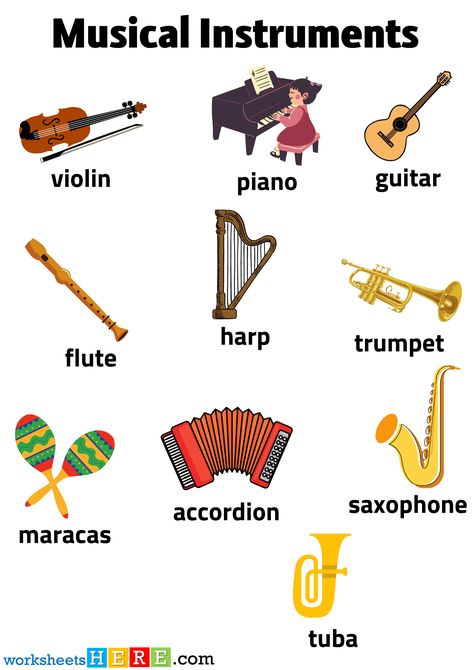 Musical Instruments Flashcards, Musical Instruments Vocabulary with Pictures Worksheets - WorksheetsHere.com Pictures Of Musical Instruments, Musical Instruments Flashcards, Sufi Music, Percussion Instrument, Stringed Instruments, Piano Keys, Percussion Instruments, The Piano, Printable Image