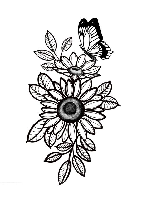 Daisy Tattoo Designs Drawings, Black And White Tattoo With Pop Of Color, Form Generation, Butterfly Stencils, Daisy Tattoo Designs, Watch Tattoo Design, Butterfly With Flowers Tattoo, Procreate Tattoo, Black Art Tattoo