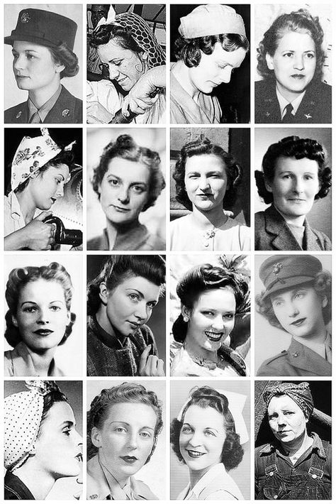 WWII Hairstyles - Greatest Generation via thevintagethimble.com Swoops Hairstyles, Ww2 Hairstyles, Hairstyles 1950s, Vintage Hairstyles Men, Hairstyles Retro, Ww2 Women, Retro Updo, 1940s Hairstyles, Victory Rolls