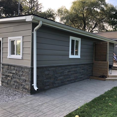 Quality Stone Ledge Stone Grey Brown Faux Stone Panels Faux Stone Deck Skirting, Vinyl And Stone Exterior, Faux Rock Siding Exterior, Faux Stone Panels Exterior Foundation, Exterior Faux Stone Panels, Faux Brick Siding Exterior, Skirting For Homes, Rock Siding On House, House Underpinning Ideas