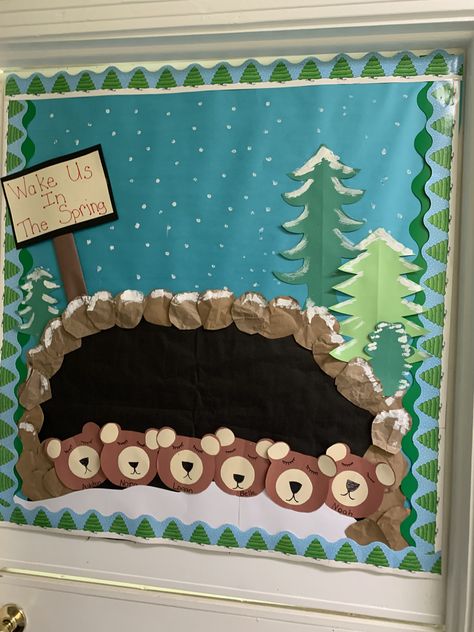 Bear Cave Bulletin Board, Winter Forest Bulletin Boards, Bears Bulletin Board Ideas, January Daycare Bulletin Boards, Winter Boards For Preschool Classroom, January Bulletin Board Ideas Toddlers, Polar Bear Bulletin Boards For Preschool, Winter Animal Bulletin Board Ideas, January Bulletin Boards Preschool